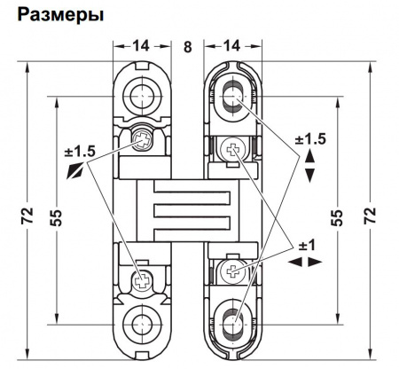 Петля скрытая Hafele, хром матовая, заглушка серая, 14x72 мм